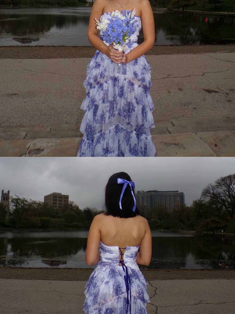 Strapless Lavender Floral Ruffled Prom Dress